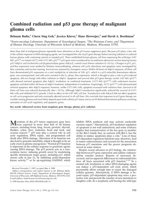 Combined radiation and p53 gene therapy of malignant glioma .